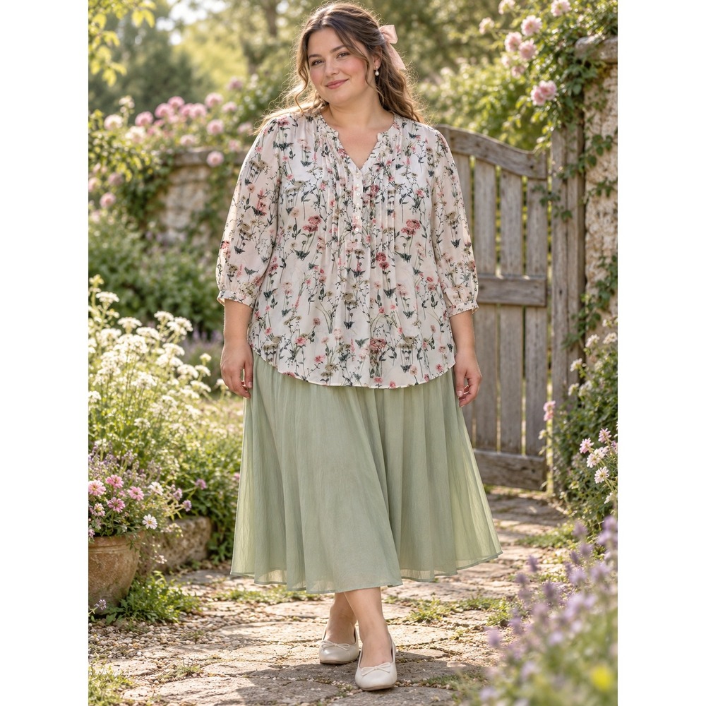 Rose + Olive Floral Blouse Womens 2X White Pink Pintuck V-Neck 3/4 Sleeve Tunic